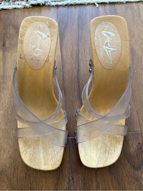 Vintage Y2K Chinese Laundry Wooden Platform Heeled Slide with Clear Straps